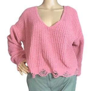 Rue 21 Distressed Crop VNeck Sweater Size S Oversized Knit Edgy 90s Cozy Chic